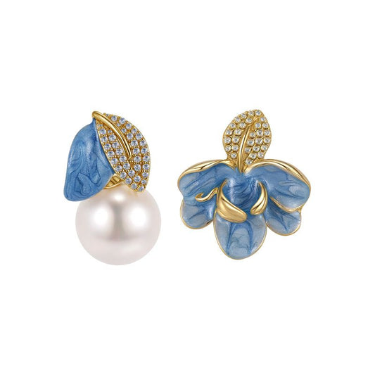 Luxury Porcelain Blue Gold Enamel Flower Pearl Earrings with Sparkling Zirconia - Vintage S925 Hypoallergenic V888-ELOSUNG49645
