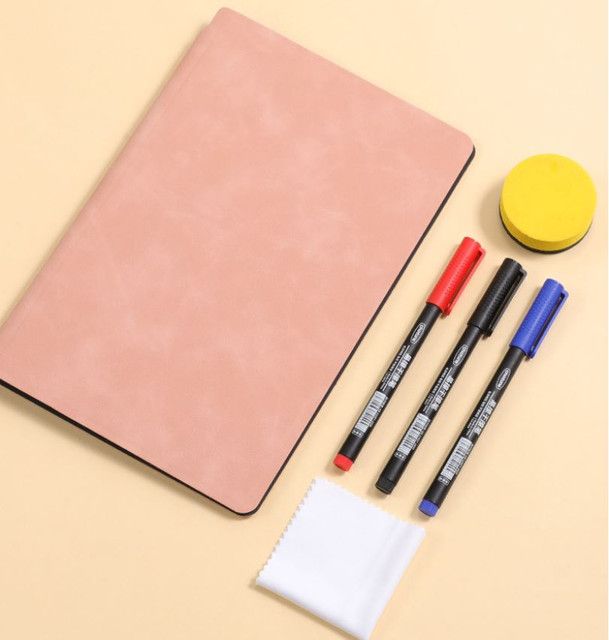 Dark Grey A4 PU Leather Whiteboard Notebook with 3-Color Pens, Eraser & Cloth - Reusable Eco-Friendly Desktop V888-ELOSUNG49653