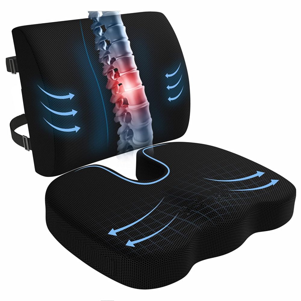 Ergonomic Memory Foam Seat Cushion & Lumbar Support Set - Breathable Mesh Orthopedic Relief Combo for Office V888-ELOSUNG49656