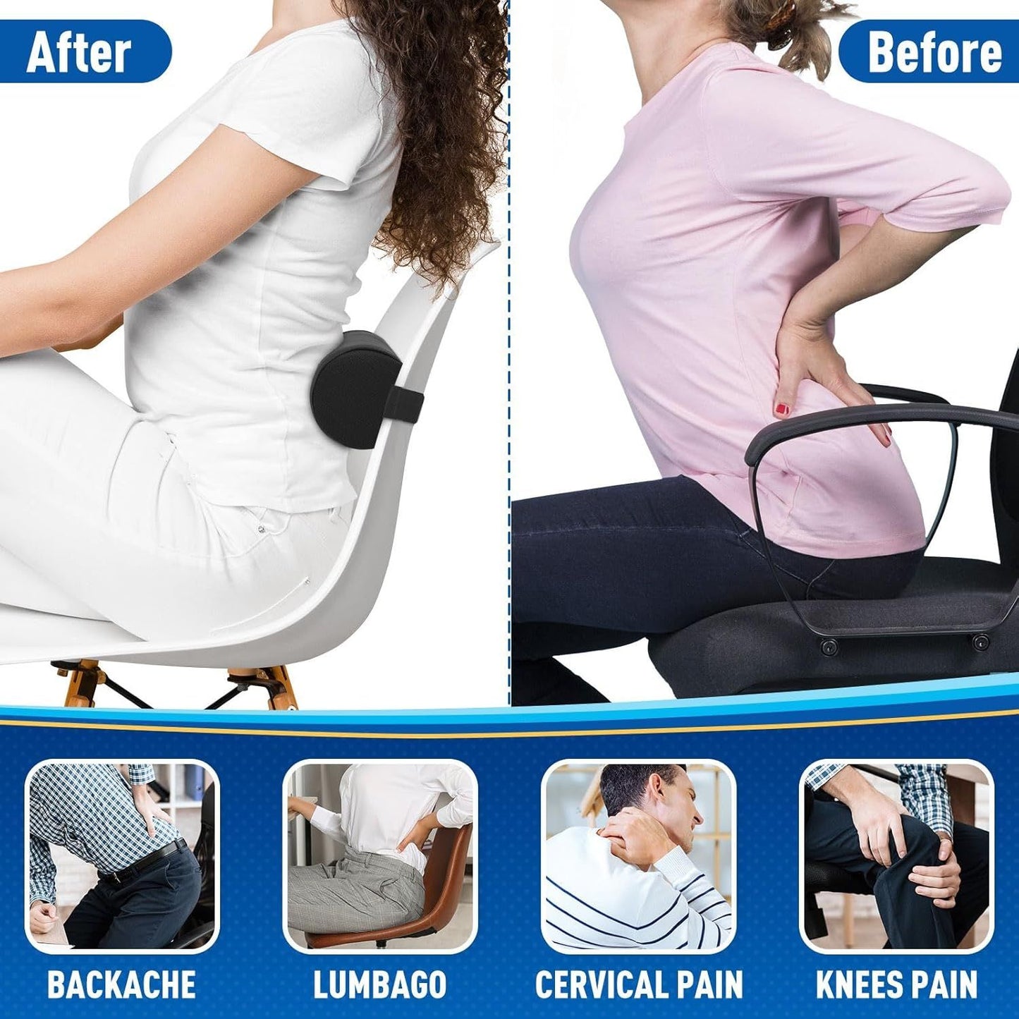 Blue Portable McKenzie Method Ergonomic Lumbar Support Roll - Adjustable Memory Foam Cylinder Pillow with V888-ELOSUNG49659