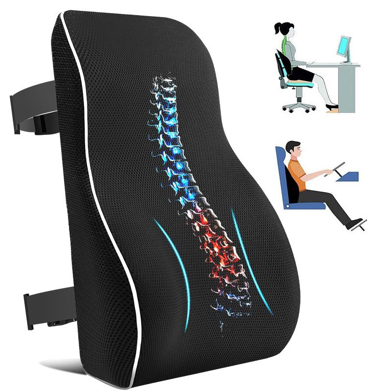 Black Large Ergonomic Memory Foam Lumbar Support Pillow & S Curve High-Back Cusion with Buckle Strap & V888-ELOSUNG49661