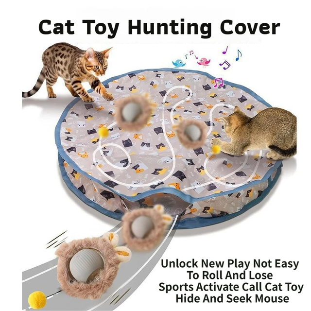 Interactive Hunting Hidden Prey Cat Toy Set - Grey Plush Automatic Moving Ball & 72CM Large Crinkle Hunting V888-ELOSUNG49671