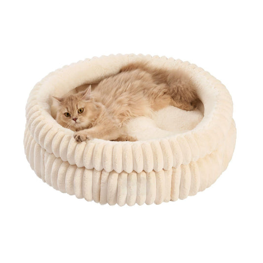 50x50x18 CM Beige Ultra-Soft Thickened Round Pet Bed with Stripe Texture - Plush Self-Warming Donut Nest for V888-ELOSUNG49674