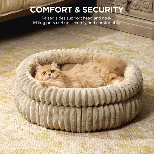 50x50x18 CM Beige Ultra-Soft Thickened Round Pet Bed with Stripe Texture - Plush Self-Warming Donut Nest for V888-ELOSUNG49674