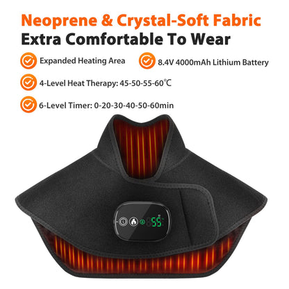 Black Wireless Large Coverage Heated Shoulder & Neck Wrap - TypeC Rechargeable Thermal Therapy Shawl with 4 V888-ELOSUNG49732