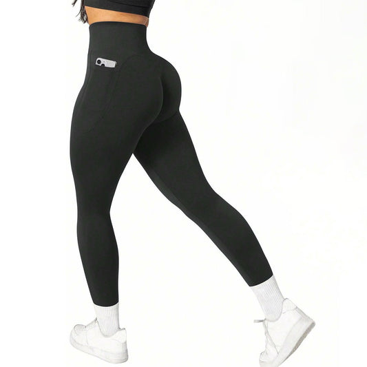 S Size Black Breathable High-Waist Ruched Butt-Lift Yoga Leggings - Dual Pockets & No Front T - V888-ELOSUNG49751