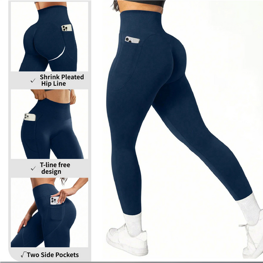 L Size Black Breathable High-Waist Ruched Butt-Lift Yoga Leggings - Dual Pockets & No Front T - V888-ELOSUNG49761