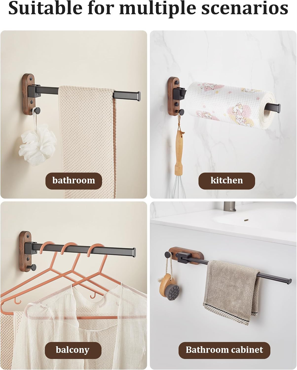 33CM Moisture Aluminum Folding Towel Rack Integrated Bottom Hook - 90 degrees Folding Black Walnut Grain V888-ELOSUNG49767