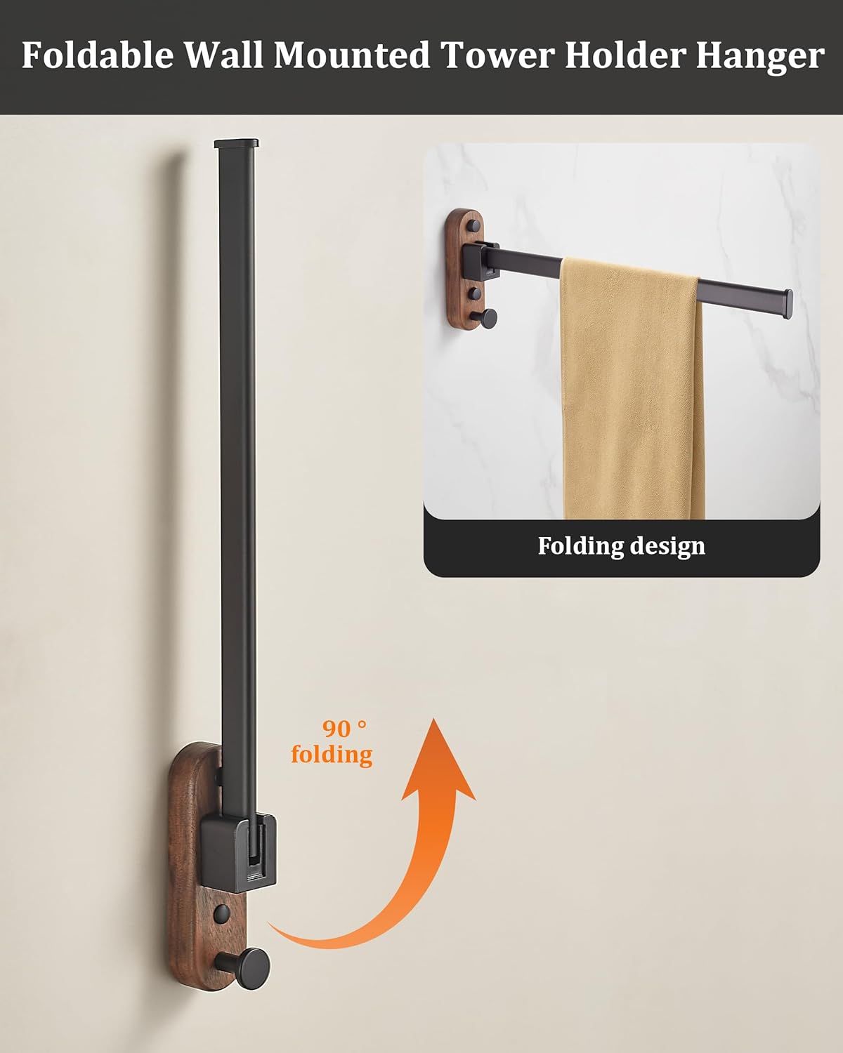 23CM Moisture Aluminum Folding Towel Rack Integrated Bottom Hook - 90 degrees Folding White Beechwood Grain V888-ELOSUNG49769