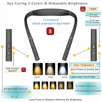 Blue LED Rechargeable Ergonomic Neck Reading & Running Light - Timer, 3 Color & 5 Brightness - Eye-Caring V888-ELOSUNG49773