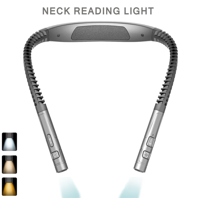 Silver and Grey LED Rechargeable Ergonomic Neck Reading & Running Light - Timer, 3 Color & 5 Brightness - V888-ELOSUNG49776