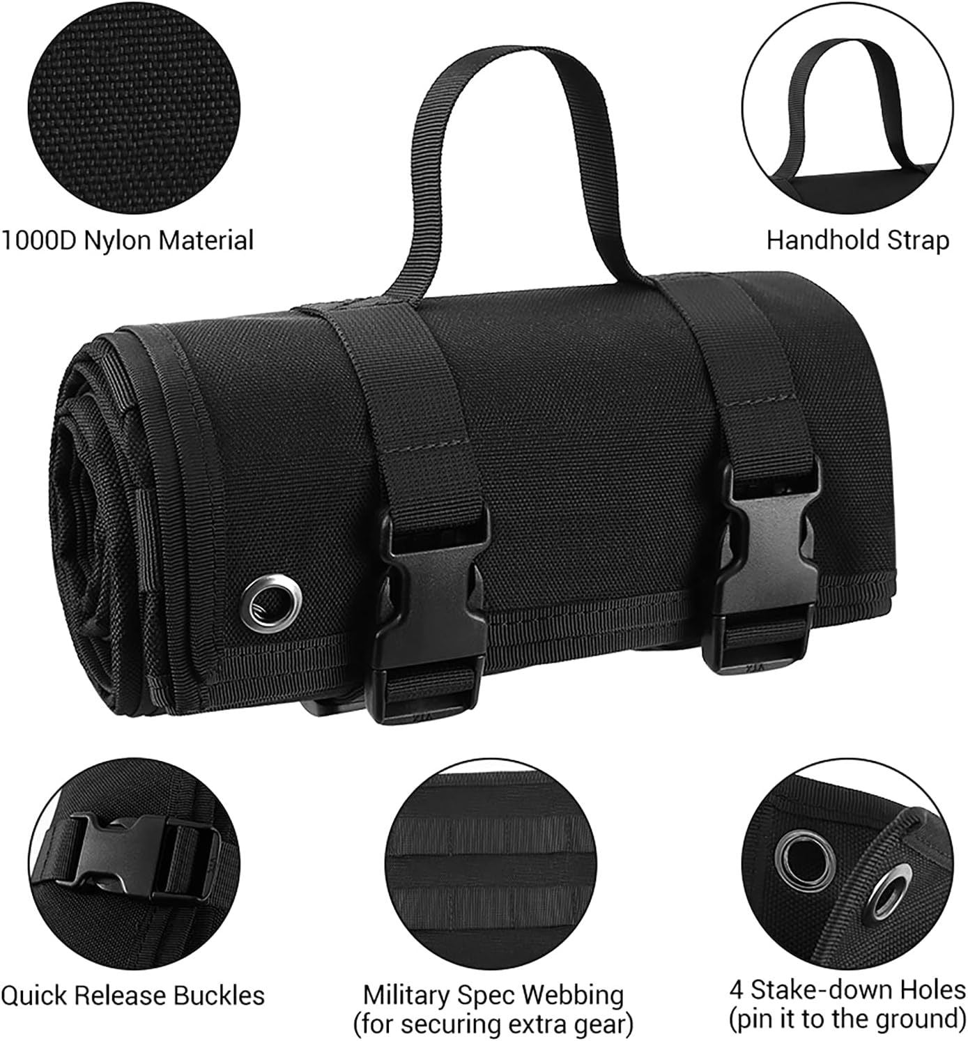 200x75CM Black Outdoor Tactical Roll-Up Shooting Mat - MOLLE Webbing & Stake Down Eyelets - Portable V888-ELOSUNG49780