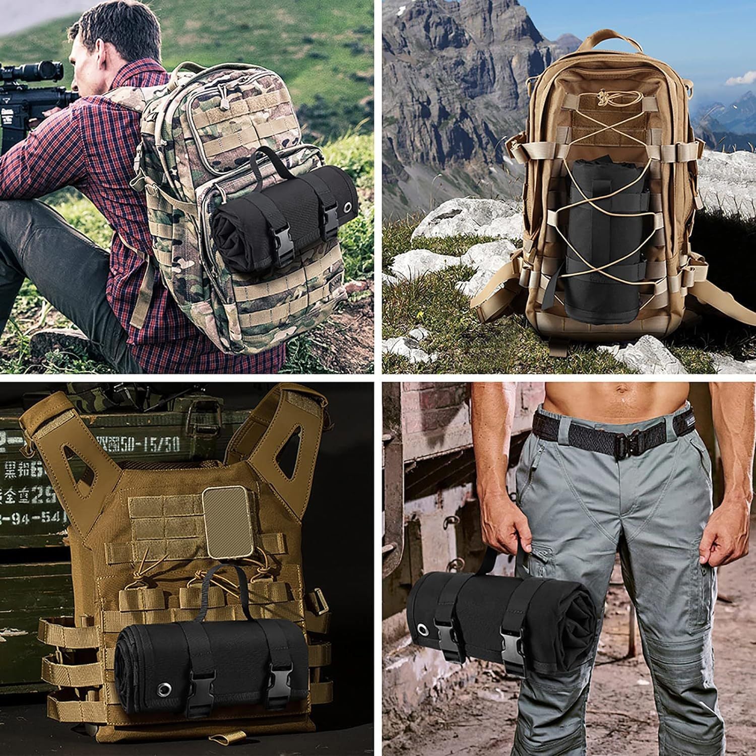 200x75CM Black Outdoor Tactical Roll-Up Shooting Mat - MOLLE Webbing & Stake Down Eyelets - Portable V888-ELOSUNG49780