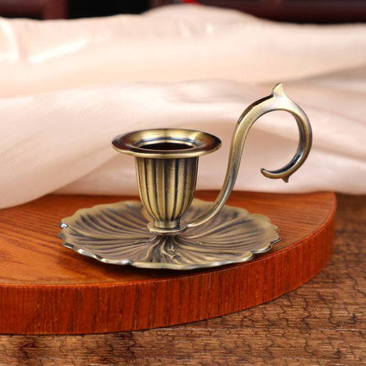 Bronze European Vintage Handheld Chamberstick with Finger Loop - Minimalist Metal Candlestick Tray for V888-ELOSUNG49813