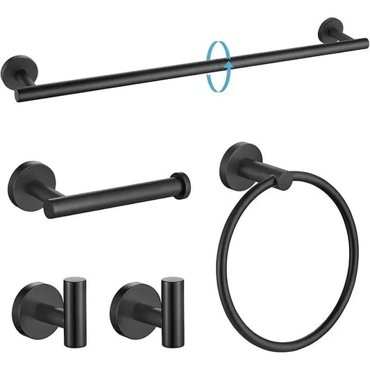 5PCS Matt Black Stainless Steel Bathroom Organizer Set - Wall-Mounted Rotatable Towel Bar, Toilet Paper V888-ELOSUNG49816
