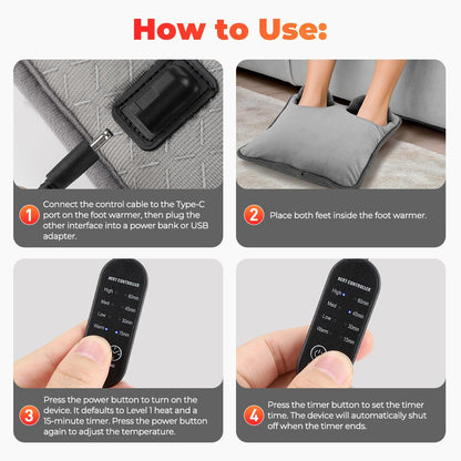 Grey Portable Versatile USB Electric Foot Warmer with 4 Temp Levels & 4 Auto-Shutoff Timer - Soft Fleece V888-ELOSUNG49836