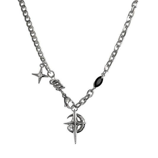 Gothic Cross & North Star Dual-Pendant Splicing Necklace for Men and Women - Titanium Steel Iced Out Cuban V888-ELOSUNG49838