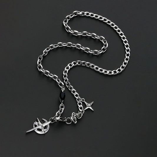 Gothic Cross & North Star Dual-Pendant Splicing Necklace for Men and Women - Titanium Steel Iced Out Cuban V888-ELOSUNG49838