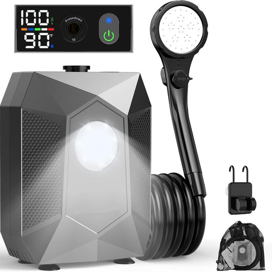 Portable Camping Shower Pump, 6000mAh Rechargable Outdoor Shower Set with 4-Mode Camping Light, 3 Spray Modes V888-ELOSUNG49839