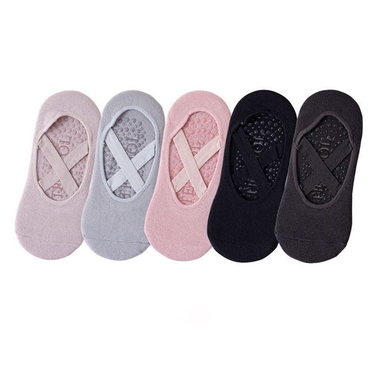 5-Pair Premium Non-Slip Yoga & Pilates Socks with Elastic Cross-Straps - Breathable Cotton Ballet-Style High V888-ELOSUNG49869