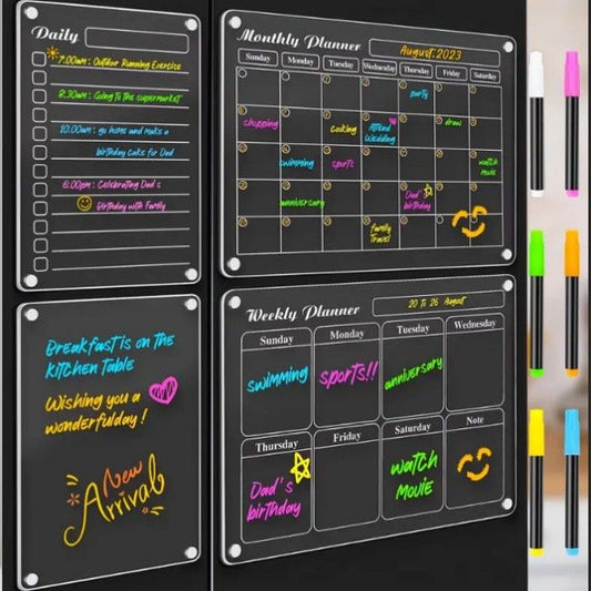 4-Piece Magnetic Acrylic Fridge Monthly + Weekly + Daily Planner Boards Set - Reusable Minimalist Memo Board V888-ELOSUNG49870