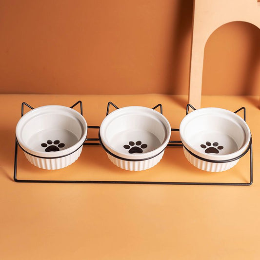 Triple Slanted Ceramic Pet Bowl Set with Elevated Iron Stand and Non Slip Base - 3 x 300ML Versatile Black V888-ELOSUNG49882