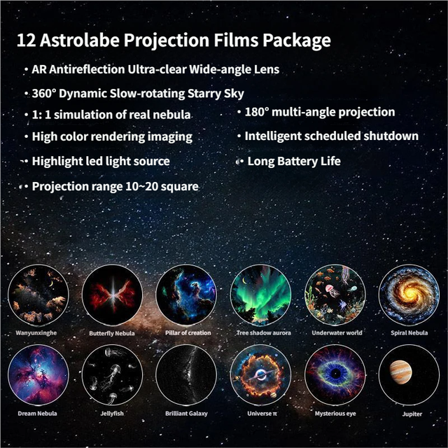 Portable USB Galaxy Night Light Projector with 12 Projection Films - Touch-Controlled Rotating Starry Sky V888-ELOSUNG49885