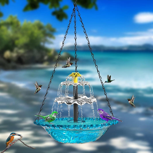 Blue Solar Hanging 3-Layer Cascade Bird Bath Fountain & Wildlife Feeder - 9.25"W Bird Bath Bowl with Solar V888-ELOSUNG49889
