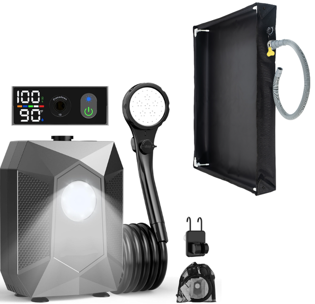 Portable Rechargeable Camping Shower Pump Kit with Digital Temperature Display, 4-Level LED Light, 5-Gear V888-ELOSUNG49893