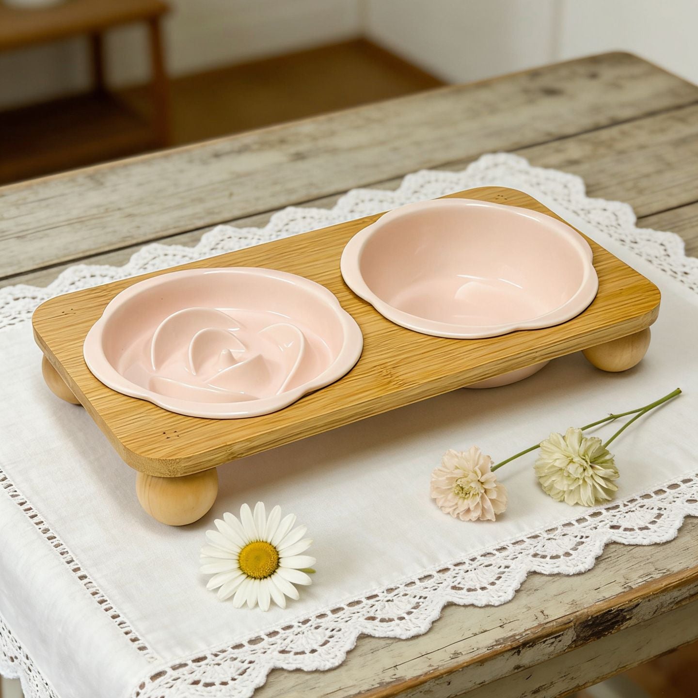 Pink Ceramic Floral Cat Slow Feeder(190ML) & Water Bowl(320ML) Set - Dishwasher Safe Pet Dual Dining Kit with V888-ELOSUNG49894