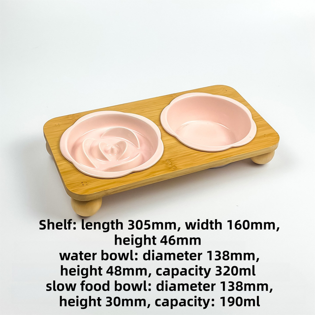 Pink Ceramic Floral Cat Slow Feeder(190ML) & Water Bowl(320ML) Set - Dishwasher Safe Pet Dual Dining Kit with V888-ELOSUNG49894