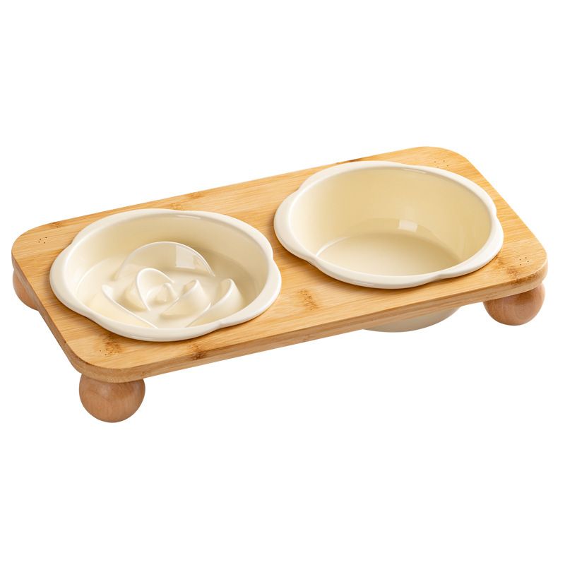 Yellow Ceramic Floral Cat Slow Feeder(190ML) & Water Bowl(320ML) Set - Dishwasher Safe Pet Dual Dining Kit V888-ELOSUNG49895