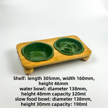 Green Ceramic Floral Cat Slow Feeder(190ML) & Water Bowl(320ML) Set - Dishwasher Safe Pet Dual Dining Kit V888-ELOSUNG49897