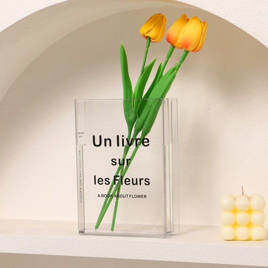 Minimalist Clear Acrylic Book Vase (Un livre sur les Fleurs) - Space Saving Desktop Ornament & Bookish Gift- V888-ELOSUNG49898