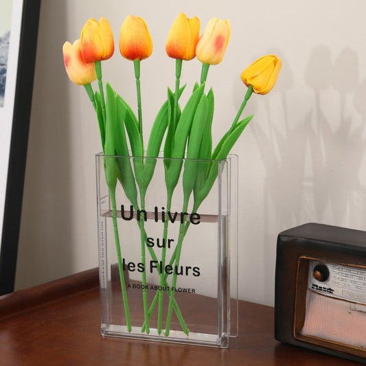 Minimalist Clear Acrylic Book Vase (Un livre sur les Fleurs) - Space Saving Desktop Ornament & Bookish Gift- V888-ELOSUNG49898
