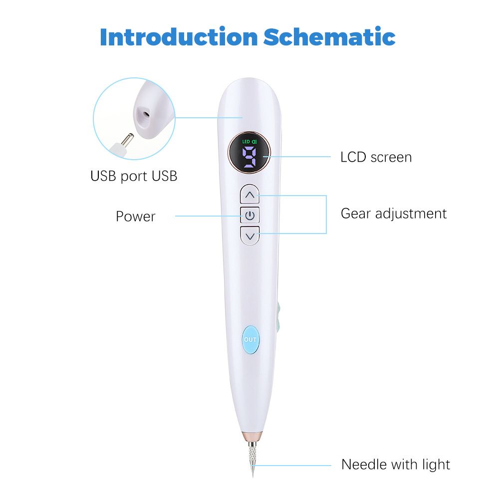 White USB Powered Physical Mole Removal Pen with LCD Display, 7 Needles & 9-Levels Adjustable Intensity - V888-ELOSUNG49919