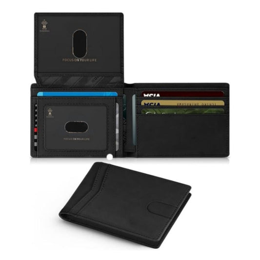 Black Men's Vegan Leather Slim Trifold Wallet - RFID Blocking, Dual ID Windows & 15 Card Slots - Minimalist V888-ELOSUNG49933