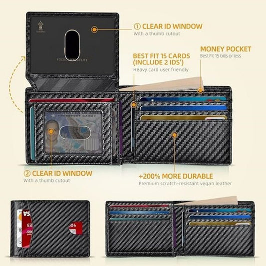 Black Men's Vegan Leather Slim Trifold Wallet - RFID Blocking, Dual ID Windows & 15 Card Slots - Minimalist V888-ELOSUNG49933