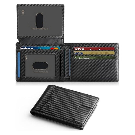 Black Men's Carbon Fiber Slim Trifold Wallet - RFID Blocking, Dual ID Windows & 15 Card Slots - Minimalist V888-ELOSUNG49934
