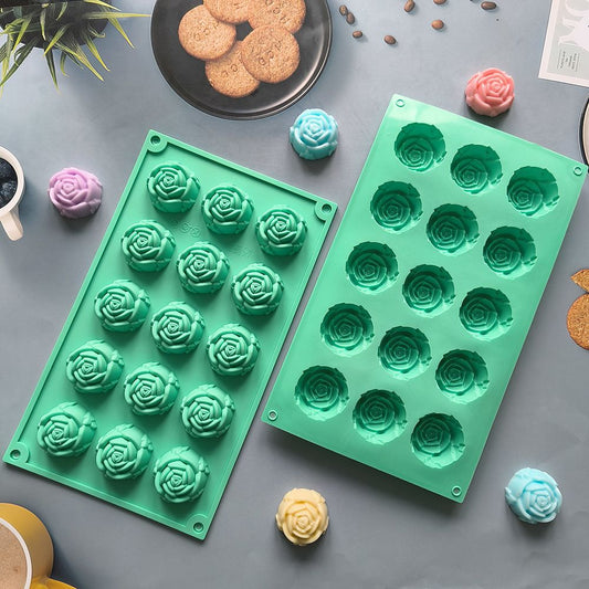 2PCS Blue 3D Rose Shaped Silicone Baking Mold (15 Cavity) - Non-Stick Cake Chocolates & Jelly Pan - Durable V888-ELOSUNG49953