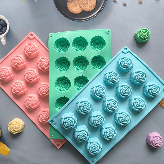 3PCS 3D Rose Shaped Silicone Baking Mold (15 Cavity, Pink + Blue + Green) - Non-Stick Cake Chocolates & Jelly V888-ELOSUNG49954