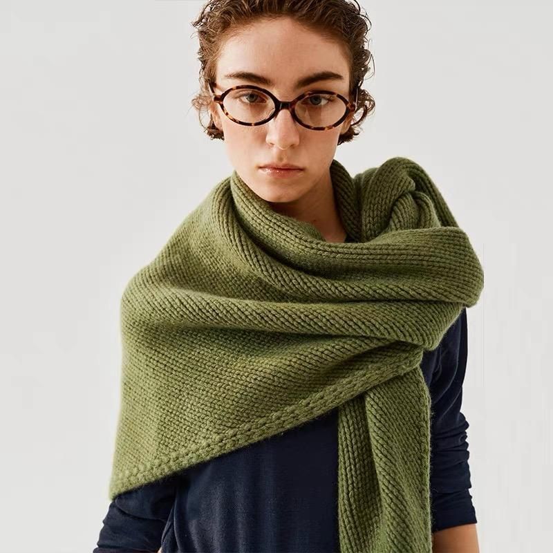 Green Retro Wool Blend 190x70cm Knitted Triangle Scarf - Multifunction Warm Shawl Wrap with Elegant V888-ELOSUNG49955