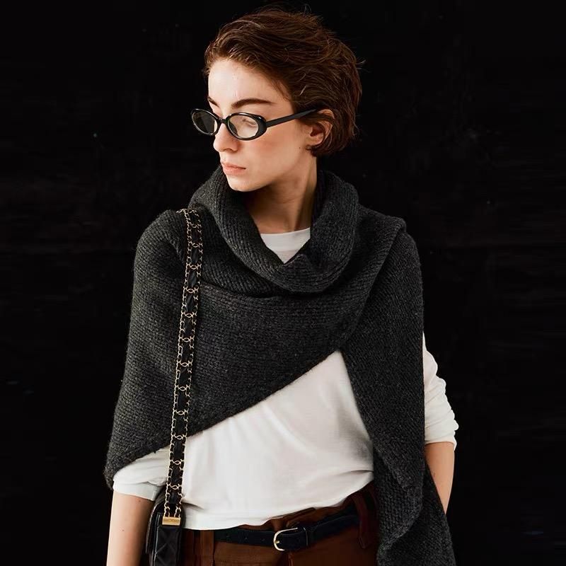 Dark Grey Retro Wool Blend 190x70cm Knitted Triangle Scarf - Multifunction Warm Shawl Wrap with Elegant V888-ELOSUNG49957