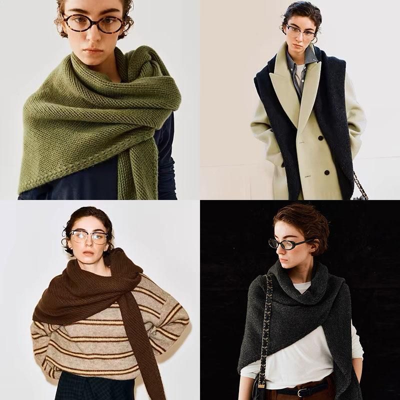 Dark Grey Retro Wool Blend 190x70cm Knitted Triangle Scarf - Multifunction Warm Shawl Wrap with Elegant V888-ELOSUNG49957