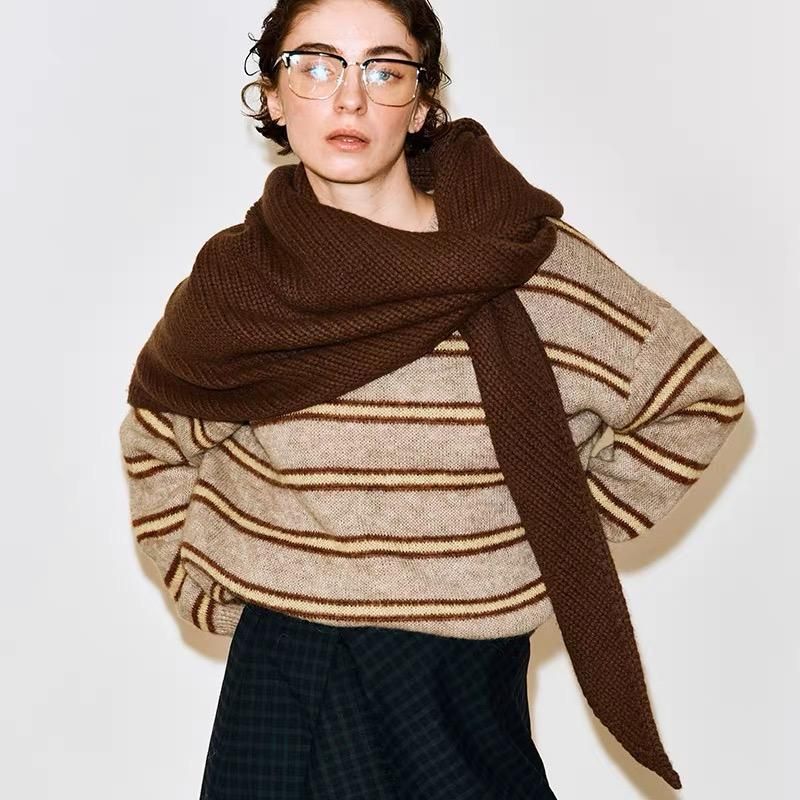Brown Retro Wool Blend 190x70cm Knitted Triangle Scarf - Multifunction Warm Shawl Wrap with Elegant V888-ELOSUNG49958