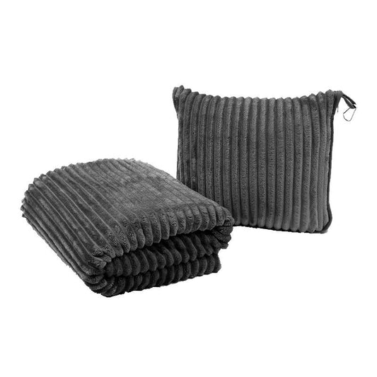 2-in-1 Dark Grey Soft Ribbed Flannel Travel Blanket / Folding Zipper Pillow with Luggage Strap & Hook - 40x60 V888-ELOSUNG49970