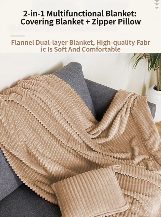 2-in-1 Dark Grey Soft Ribbed Flannel Travel Blanket / Folding Zipper Pillow with Luggage Strap & Hook - 40x60 V888-ELOSUNG49970