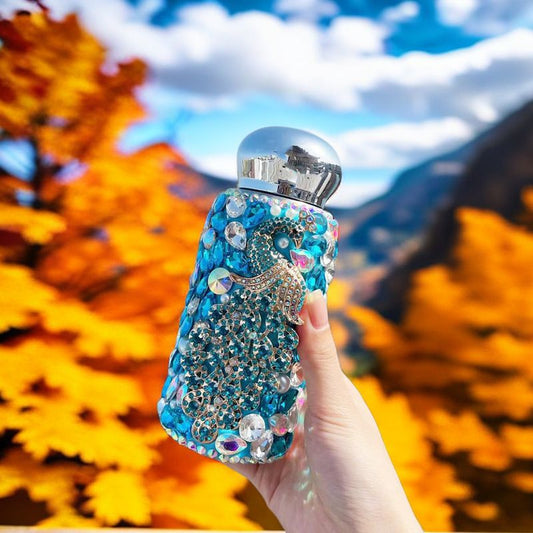 Blue Peacock Pattern Handmade Luxury Diamond Insulated Water Bottle - Bling Rhinestone 304 Stainless Steel V888-ELOSUNG49975