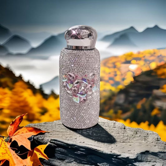 Pink Heart Pattern Handmade Luxury Diamond Insulated Water Bottle - Bling Rhinestone 304 Stainless Steel V888-ELOSUNG49979