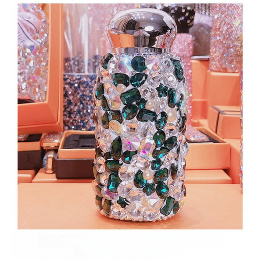 Green Square Crystal Handmade Luxury Diamond Insulated Water Bottle - Bling Rhinestone 304 Stainless Steel V888-ELOSUNG49983